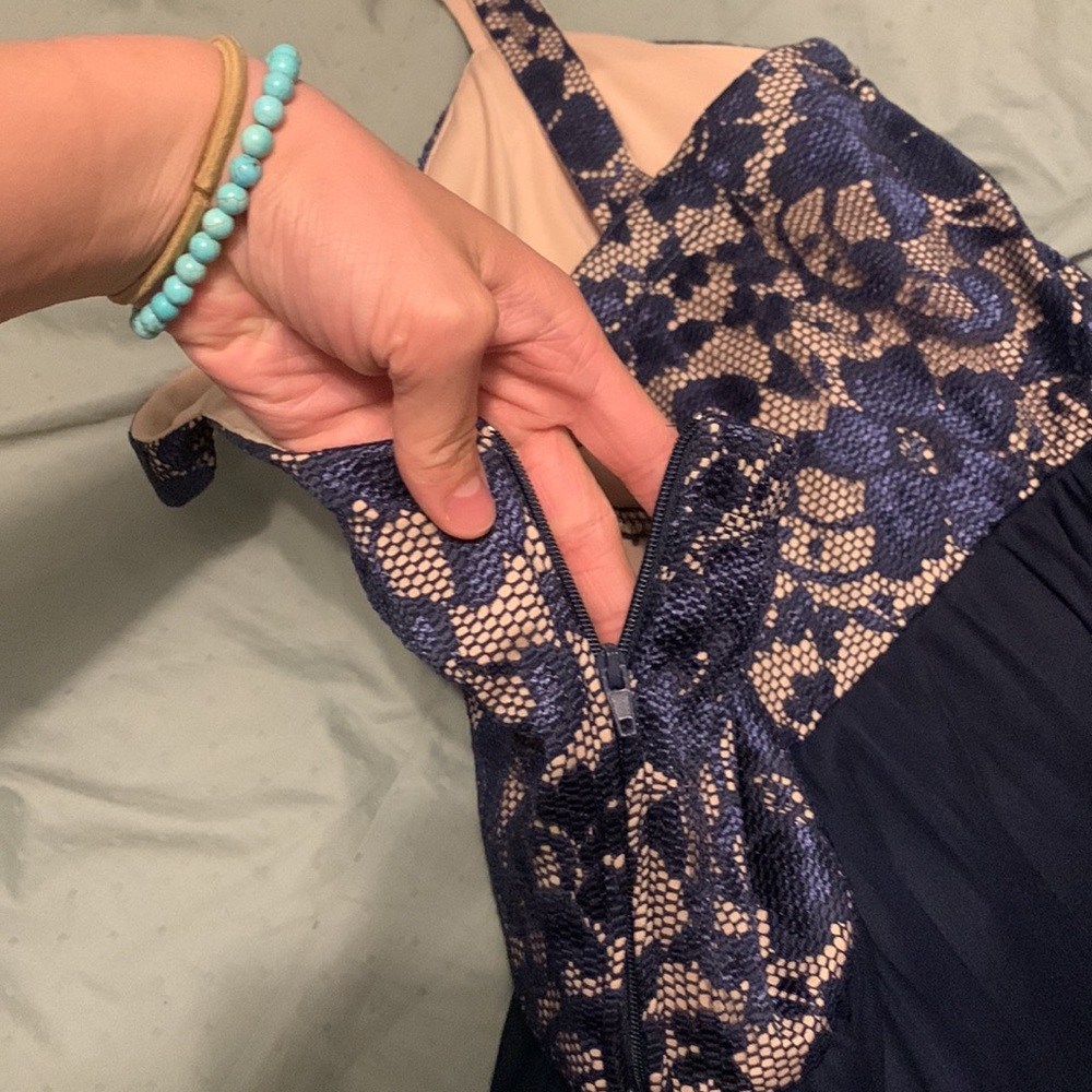High low dress from prom girl. size 9 altered to a size 6. navy blue and nude - Picture 5 of 6